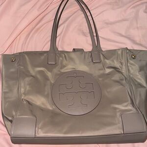 Tory Burch Gray Nylon Logo Tote with Leather Trim